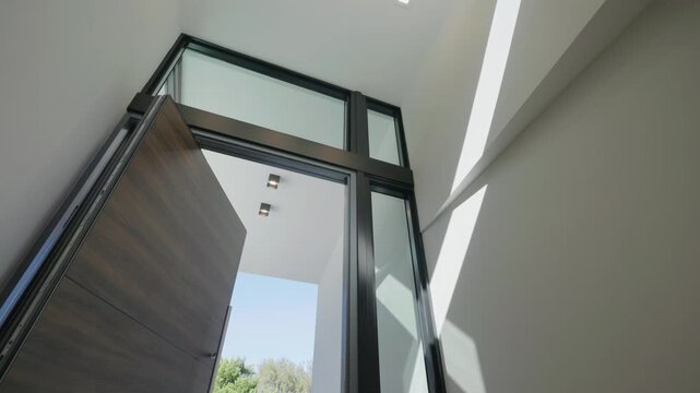 Dark wood pivot door opens to bright space with tall glass panels. Sunlight casts sharp shadows on white walls. Modern entrance shows clean lines and open design.