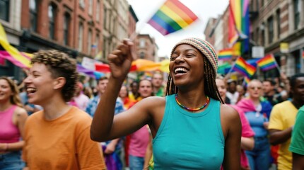 Fototapeta premium Happy young Black woman celebrating diversity at a vibrant LGBTQ pride parade in a city street with diverse friends and rainbow flags representing equality and inclusion