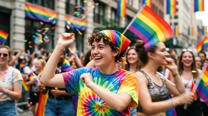 Fototapeta premium Happy young nonbinary person with curly hair wearing tie dye shirt and rainbow bandana celebrating at pride parade with diverse crowd and flags