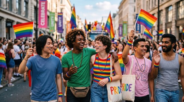 Diverse group of young adults walking together at a pride parade celebration, holding rainbow flags, smiling, representing inclusivity, equality, and LGBTQ community support