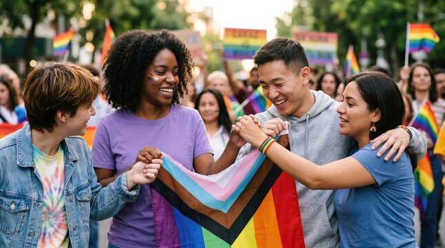 Diverse group of young adults holding a progress pride flag at a street parade, celebrating LGBTQ rights, equality, inclusion, and community activism in a city
