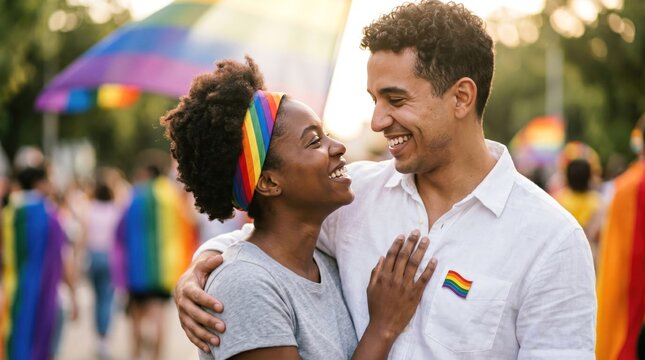 Young Black Woman and Man Embracing at Pride Parade Celebrating LGBTQ Rights and Equality, Diverse Couple Showing Love and Support at Outdoor Community Festival