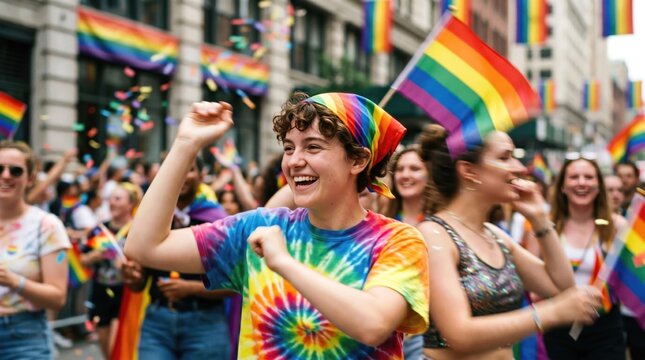 Happy young nonbinary person with curly hair wearing tie dye shirt and rainbow bandana celebrating at pride parade with diverse crowd and flags