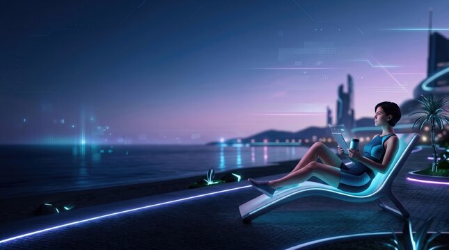 Futuristic woman relaxing on a glowing lounge chair by a cyberpunk beach at night, using a digital tablet, representing digital nomad lifestyle and advanced technology