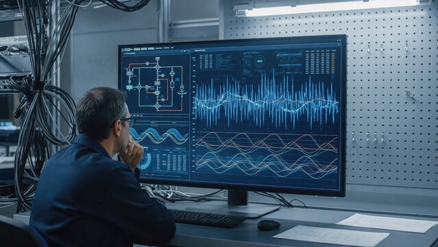 Male engineer monitoring data analysis waveform large monitor control room technology laboratory oscilloscope signal processing focused male engineer Substation digital twin interface concept
