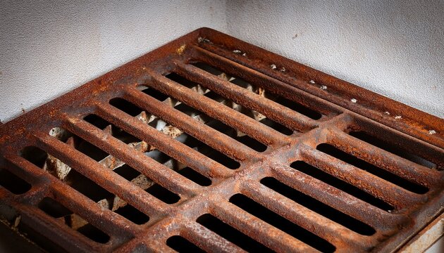 old metal grating placed on a plain background showing its rusty texture and design used for ventilation in homes or buildings