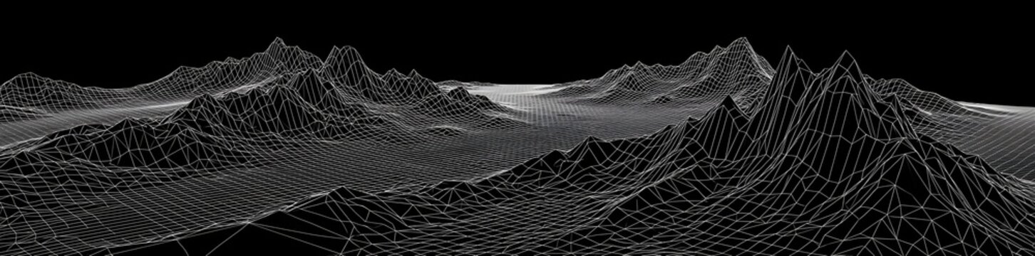 A high-quality 3D digital wireframe terrain landscape featuring mountain peaks. This abstract mesh structure represents virtual reality, data visualization, and technological topography.