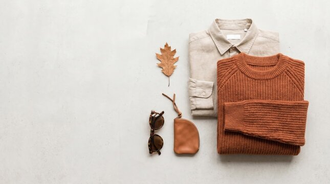 Autumn fashion flat lay with rust knitted sweater and beige linen shirt for men, cozy fall outfit essentials with leather accessories and dry leaf on grey background