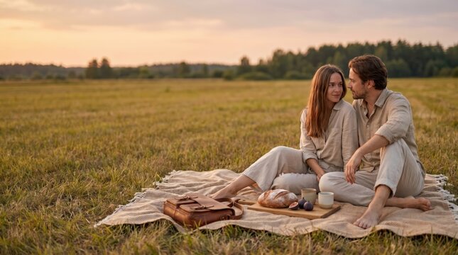 Young Caucasian couple having a romantic picnic in a meadow at sunset, man and woman sitting on a blanket with bread and figs, lifestyle concept of love and togetherness