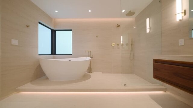 Bathroom feels open and fresh with white tub and clear shower. Gold faucets and soft beige tiles add warm look. Big mirror and soft lights make space calm and clean