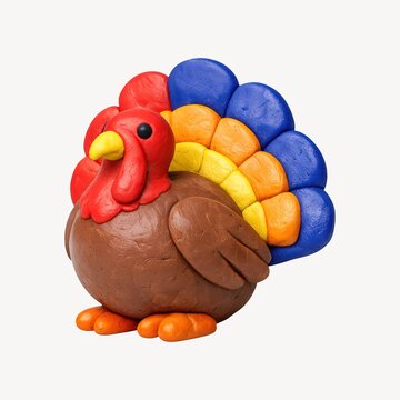 Colorful clay turkey with vibrant feathers in red, blue, and orange.