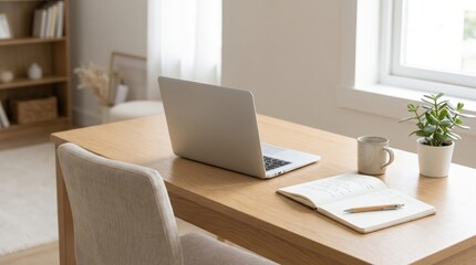 Fototapeta premium Minimalist Home Office Desk Setup with Laptop and Notebook for Remote Work and Freelance Productivity in a Bright Modern Workspace