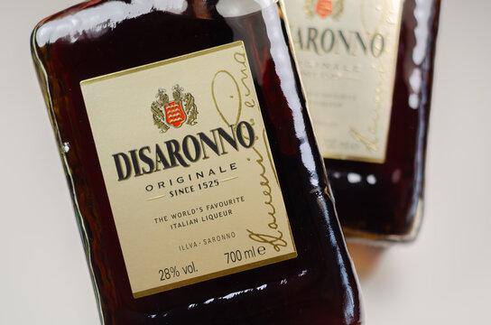 LONDON, UK - 17 APRIL 2024 Bottles of Disaronno Originale, an amber colored liqueur with a characteristic almond flavour