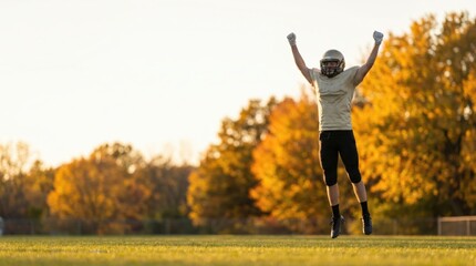 Obraz premium Young male American football player celebrating touchdown victory jumping on autumn field, athletic man in gold jersey cheering success, sports achievement concept, fall season training