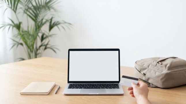 Person holding credit card for online shopping on laptop with blank screen on wooden desk, e-commerce payment concept, remote work setup with notebook and backpack