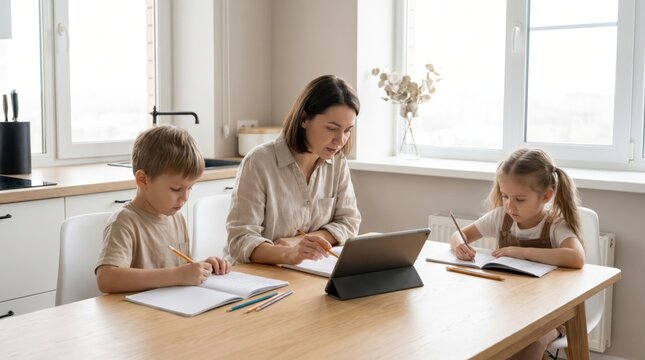 Mother homeschooling young son and daughter at home kitchen table using digital tablet for remote education and online learning lessons together