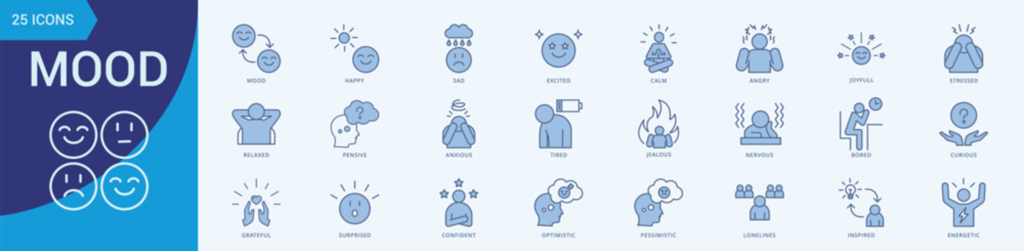 Mood Icon Set Illustration Vector Blue Line Style