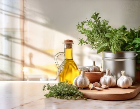 fresh herb and garlic kitchen counter with olive oil and vegetables