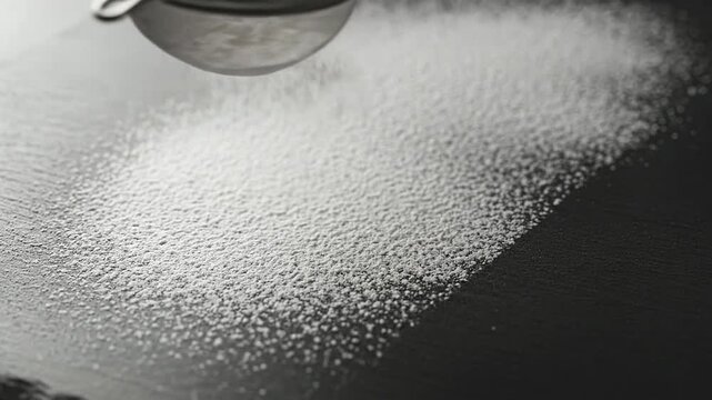A metal sieve sprinkles fine white powder onto a dark textured surface