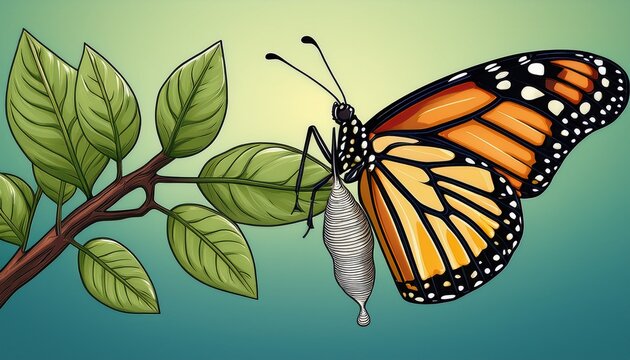 monarch butterfly emerging from chrysalis on green branch symbol of transformation growth and renewal