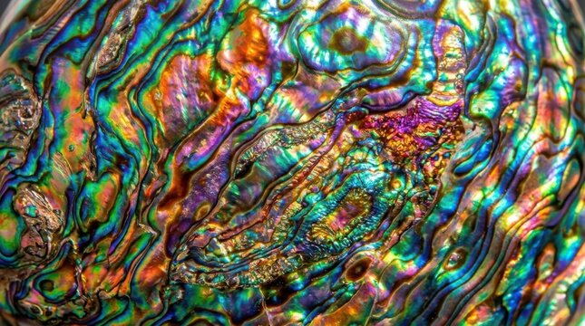 Iridescent Abalone Shell Texture Macro Background Featuring Vibrant Rainbow Nacre Patterns for Luxury Jewelry Design and Abstract Artistic Surface Textures