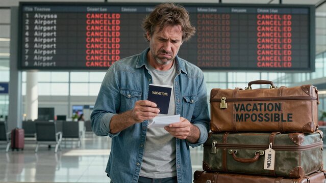 Man holds passport, stacks luggage labeled "Vacation: Impossible" amid airport cancellations.
