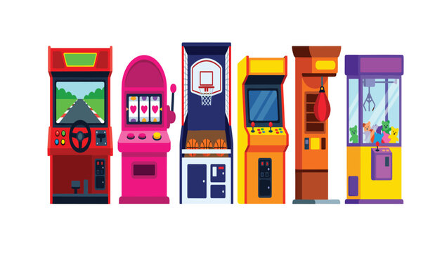 Set of colorful retro arcade game machines including racing slot basketball joysticks punch and claw crane vectors