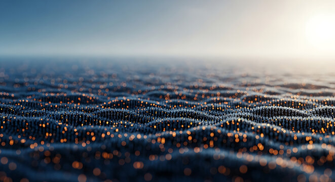 Abstract digital ocean waves with glowing particles at sunset, representing data flow and technology