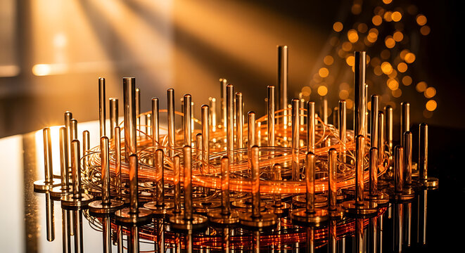 Abstract golden metallic sculpture with scattered light rays and bokeh highlights, symbolizing innovation and data structure