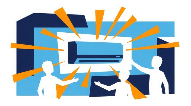 HVAC - Two People Discussing Wall Mounted Air Conditioner Unit With Glowing Orange Energy Rays In Blue Room