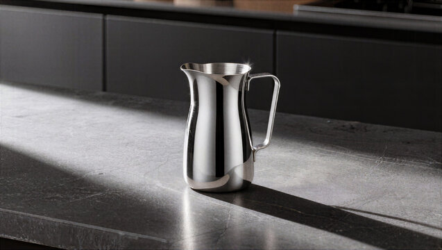 Polished stainless steel pitcher on modern stone countertop