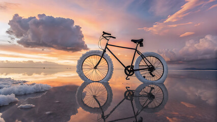 Fototapeta premium Vintage bicycle on a salt flat at sunset. Retro bike parked on reflective water surface.