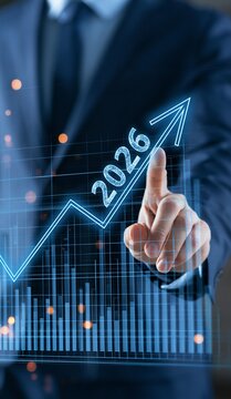 Business professional pointing at upward growth arrow highlighting year 2026 with financial chart, future planning timeline, and long term business growth strategy concept