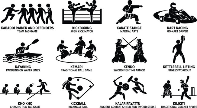 Sports and Athletic Games Stick Figure Icon Set Starting with Letter K Including Kabaddi, Karate, Kayaking, Kendo, and Kalaripayattu Vector