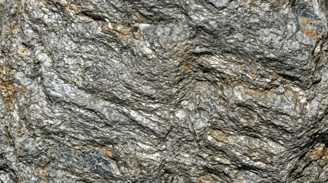 Close up of grey schist metamorphic rock texture with visible foliation and mineral grains for geological background and natural stone surface design
