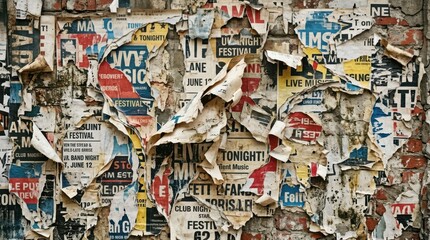 Naklejka premium Weathered Brick Wall Covered in Layers of Torn Vintage Posters Urban Grunge Texture Background for Graphic Design Projects and Street Art Style Visuals