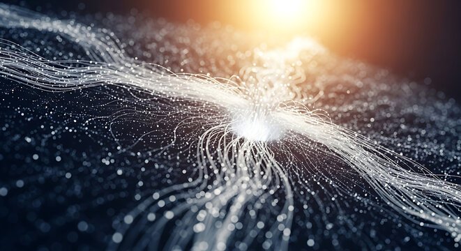 Abstract swirling network of glowing particles and light trails, representing data flow and digital connection, with a bright light source creating a sense of innovation and technology