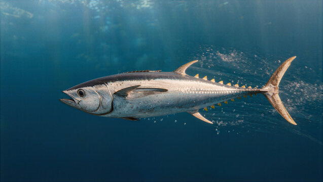 Yellowfin tuna fish swimming fast in deep ocean