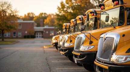 Fototapeta premium Row of yellow school buses parked in front of a brick school building at sunrise, representing student transportation, education logistics, and back to school season