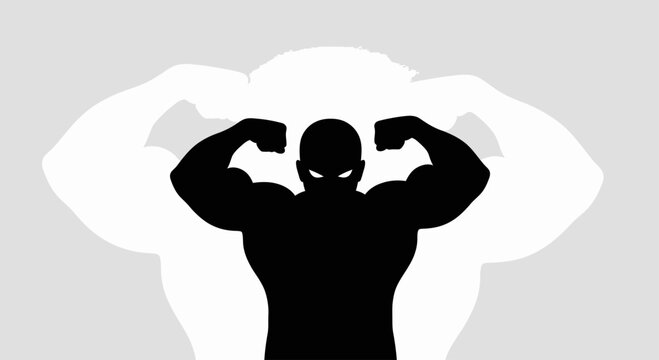 Strong bodybuilder silhouette flexing muscles on light background