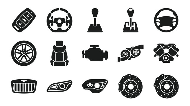 Automotive part and engine component icons in black silhouette
