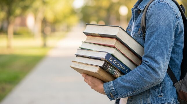 Young female college student holding a stack of textbooks on a university campus, representing academic success, education, learning, and study preparation for exams
