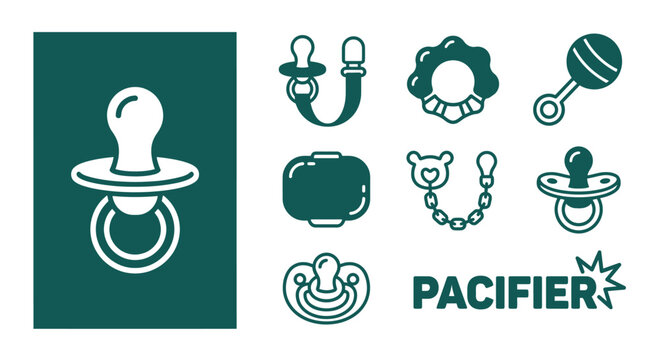 Minimal monochrome dark teal baby pacifier icon set including teether, rattle, dummy clip, case, and chain. Flat vector graphic elements on a clean white background for nursery design.