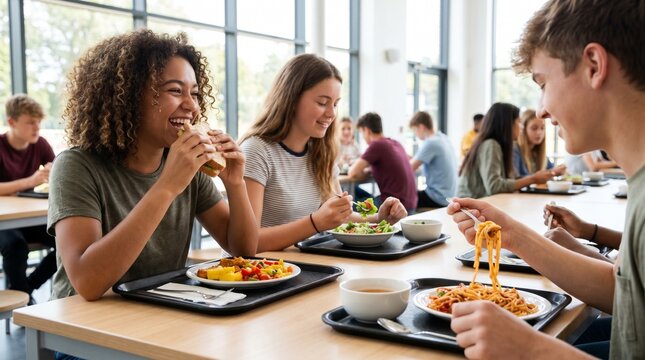 Diverse group of high school students eating lunch together in a modern school cafeteria, happy teenagers enjoying healthy meals and socializing in a canteen, education concept