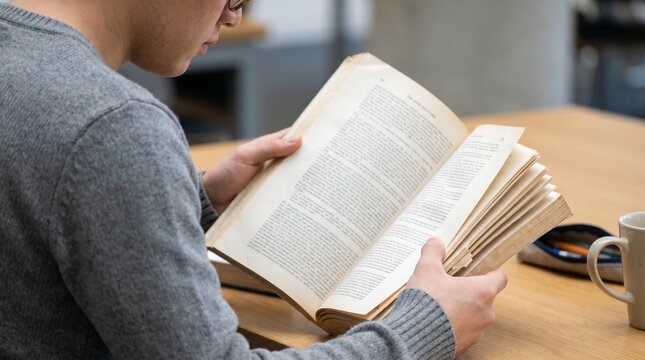 Young Asian male student reading a hardcover book at a wooden table in a library, focused academic study session, concept of education, knowledge, and self-improvement