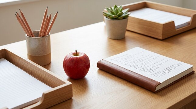 Minimalist home office desk setup with notebook and apple for productive study or work from home concept, clean wooden workspace with stationery and succulent plant