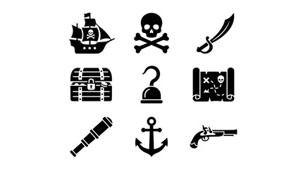 Fototapeta premium Classic pirate symbols and nautical adventure silhouette icons.