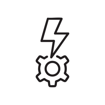 black vector line art icon of a lightning bolt striking a gear