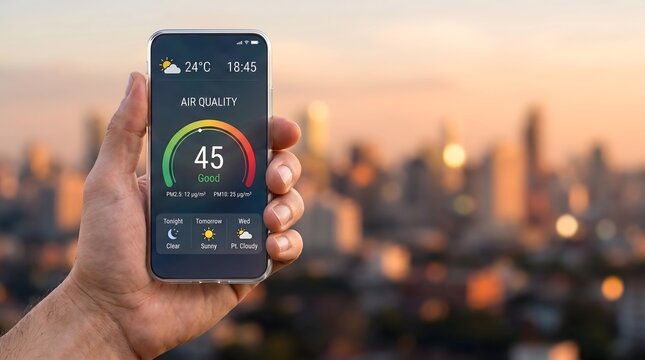 Checking urban air quality index on smartphone with city skyline background
