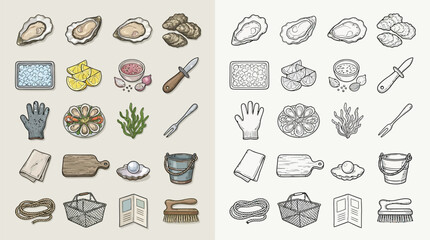 Collection of oyster harvesting and preparation icons in color and outline styles. © renender
